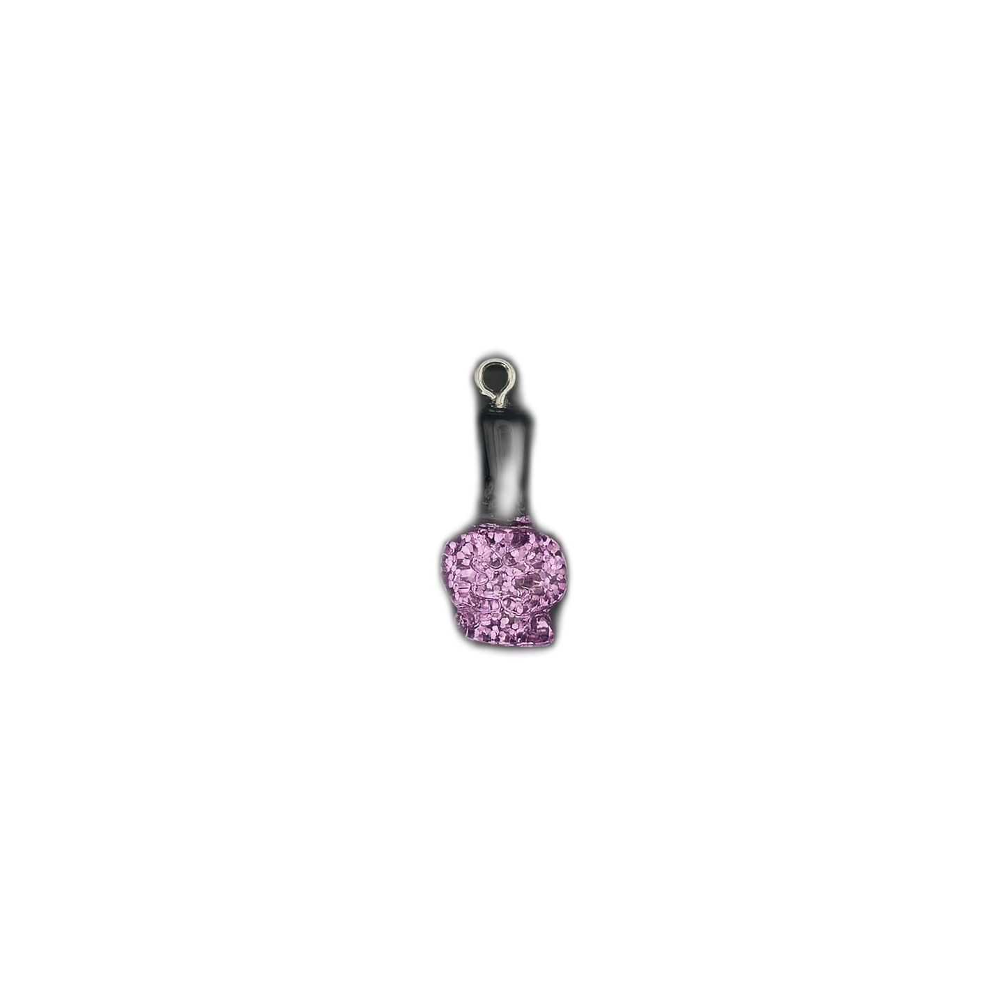 small nail polish bottle charm with black cap and pink glitter body centered on black background