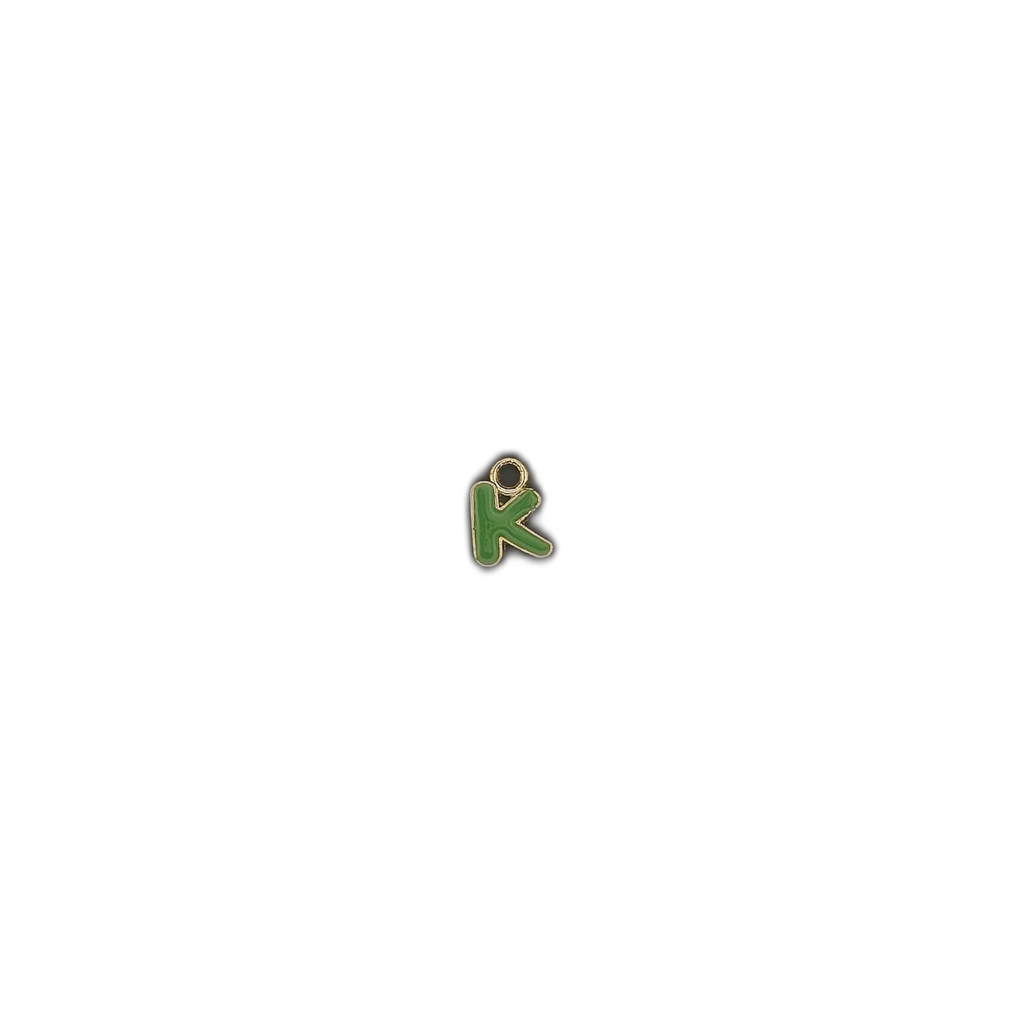 small green letter K charm centered on black background