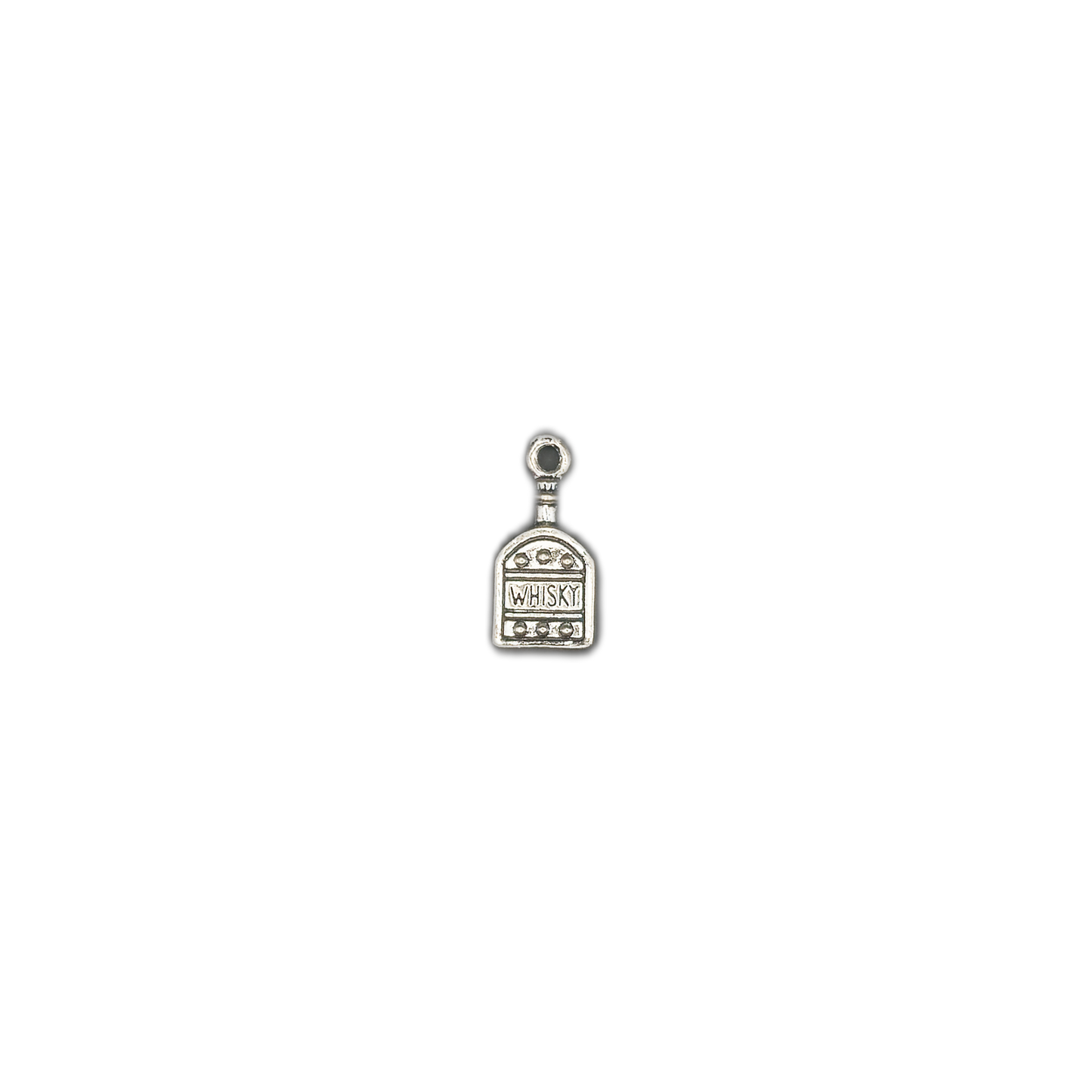 small silver-tone whisky bottle charm centered on a black background