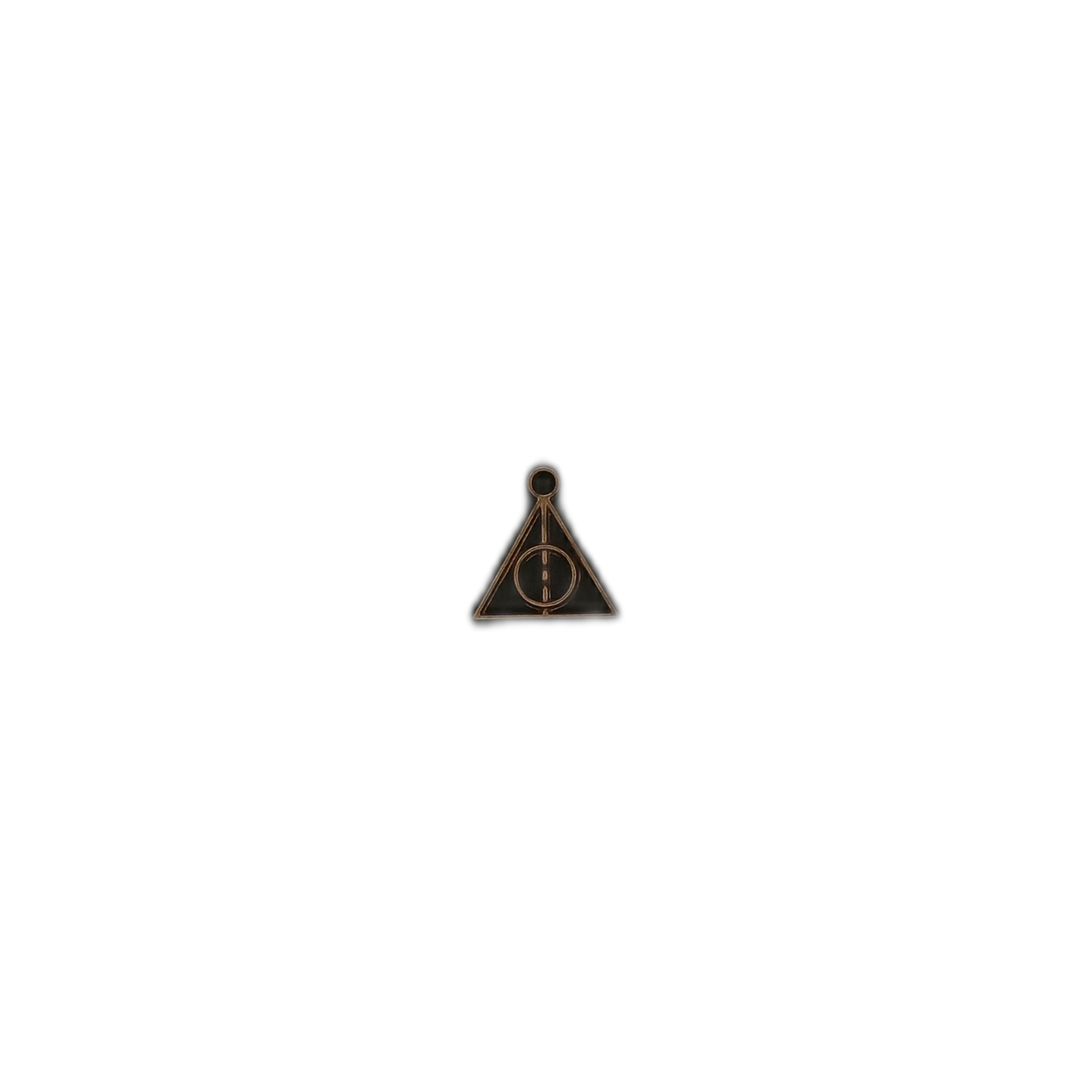small bronze triangle symbol charm against black background