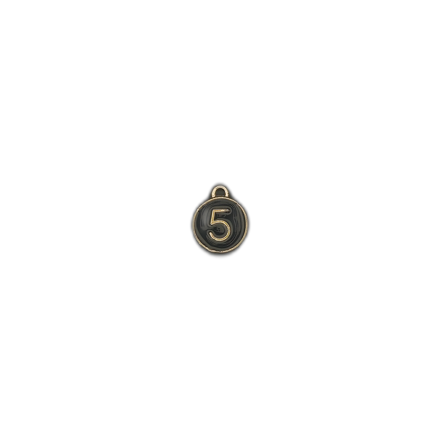 small round black charm with gold number 5 centered on a black background