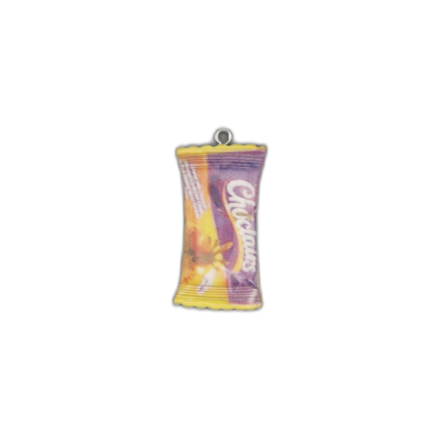 mini candy wrapper charm on a black background