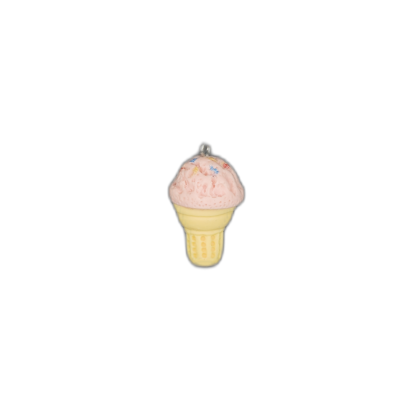 small pink ice cream cone charm centered on black background