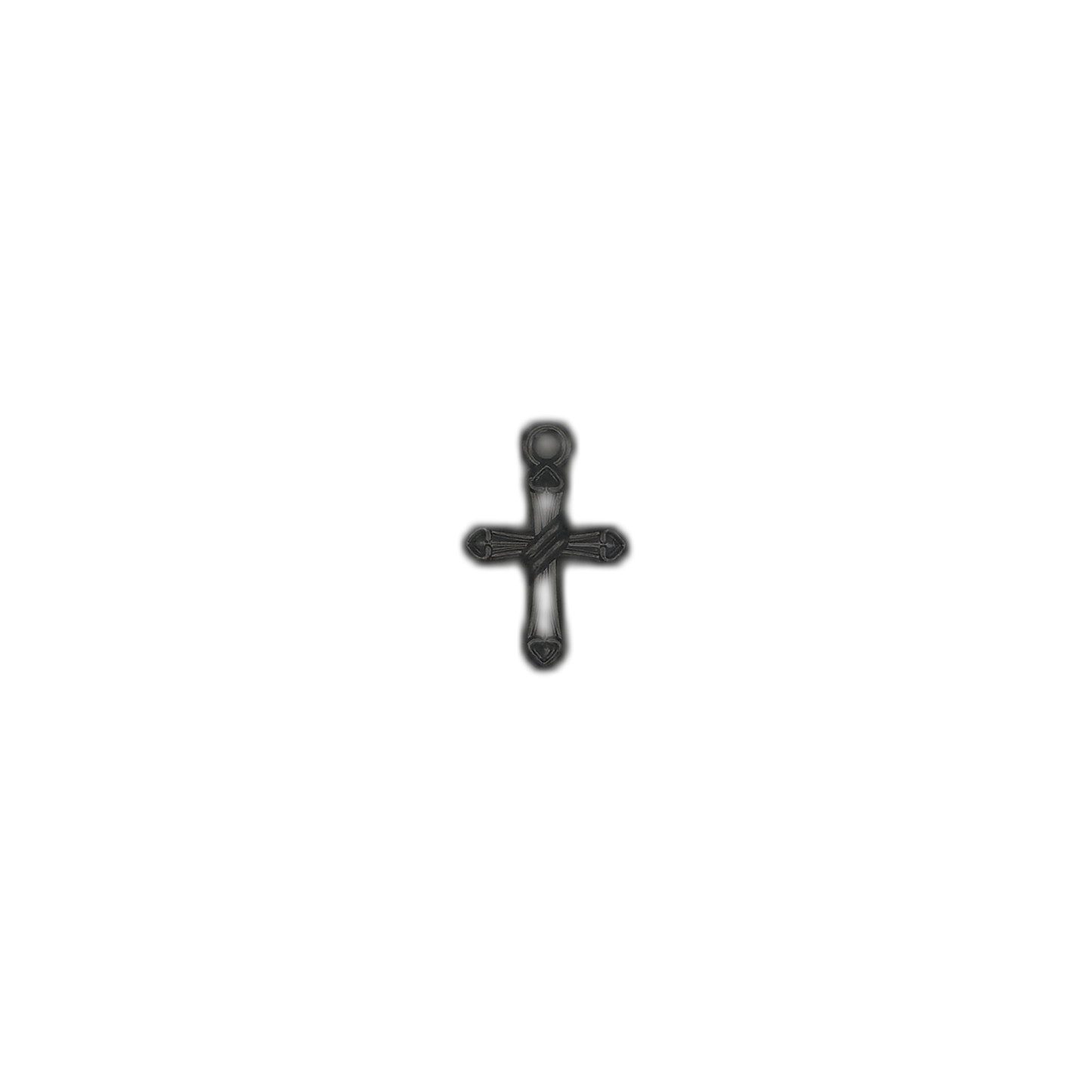 black cross charm with carved details centered on a black background