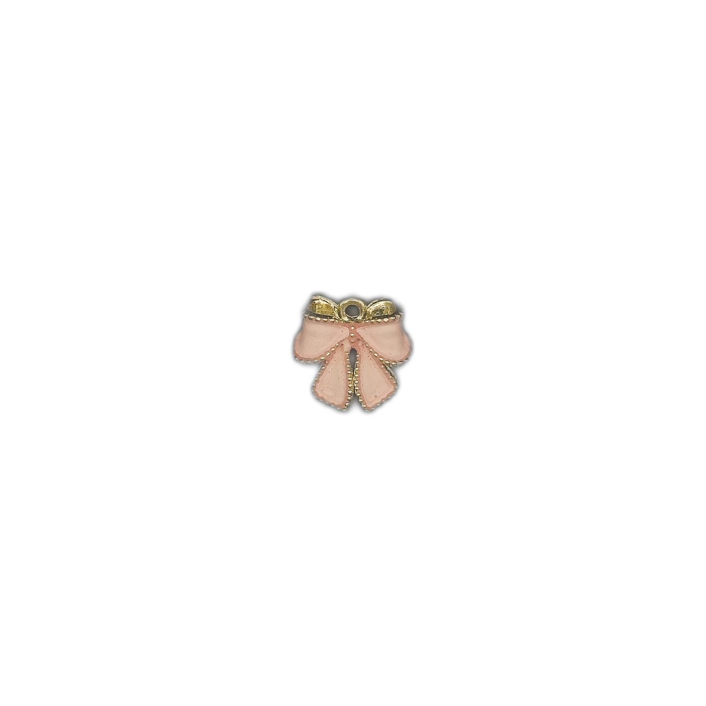 small pink and gold bow charm centered on a black background