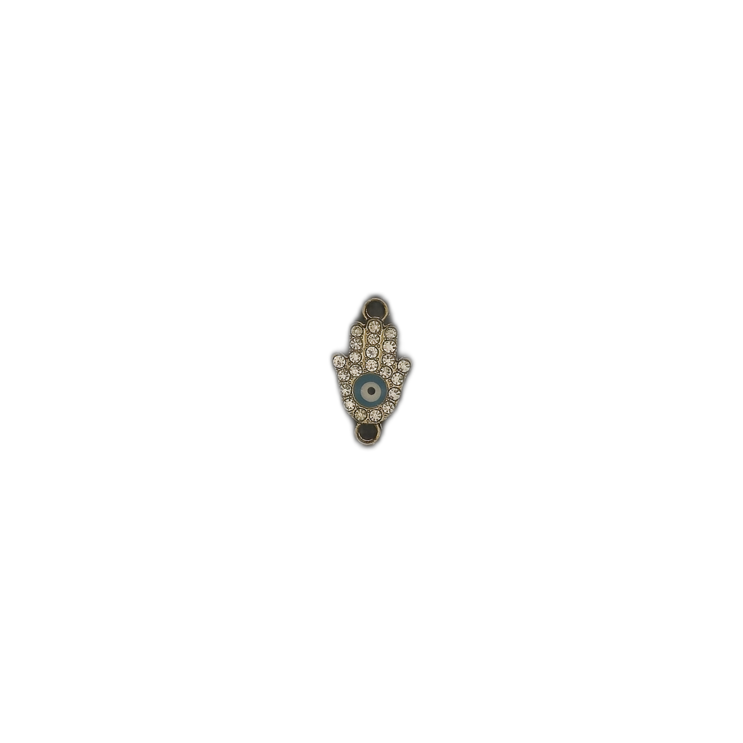 small hamsa hand charm with rhinestones and blue evil eye centered on black background