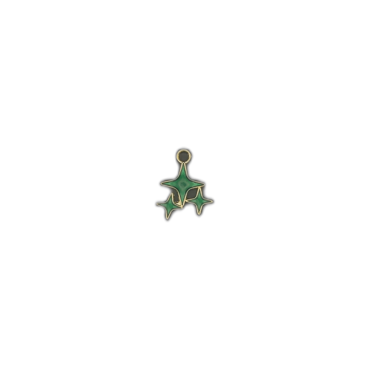 small green enamel starburst charm with three stars and gold outline centered on black