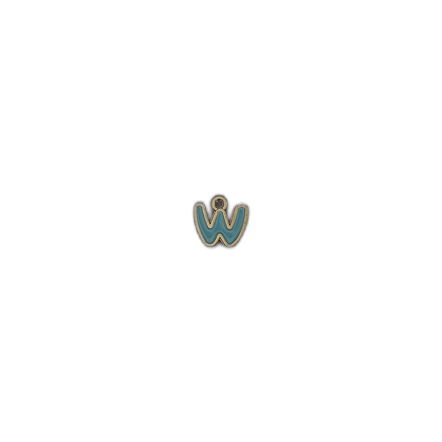 small teal letter W charm with gold outline centered on black background