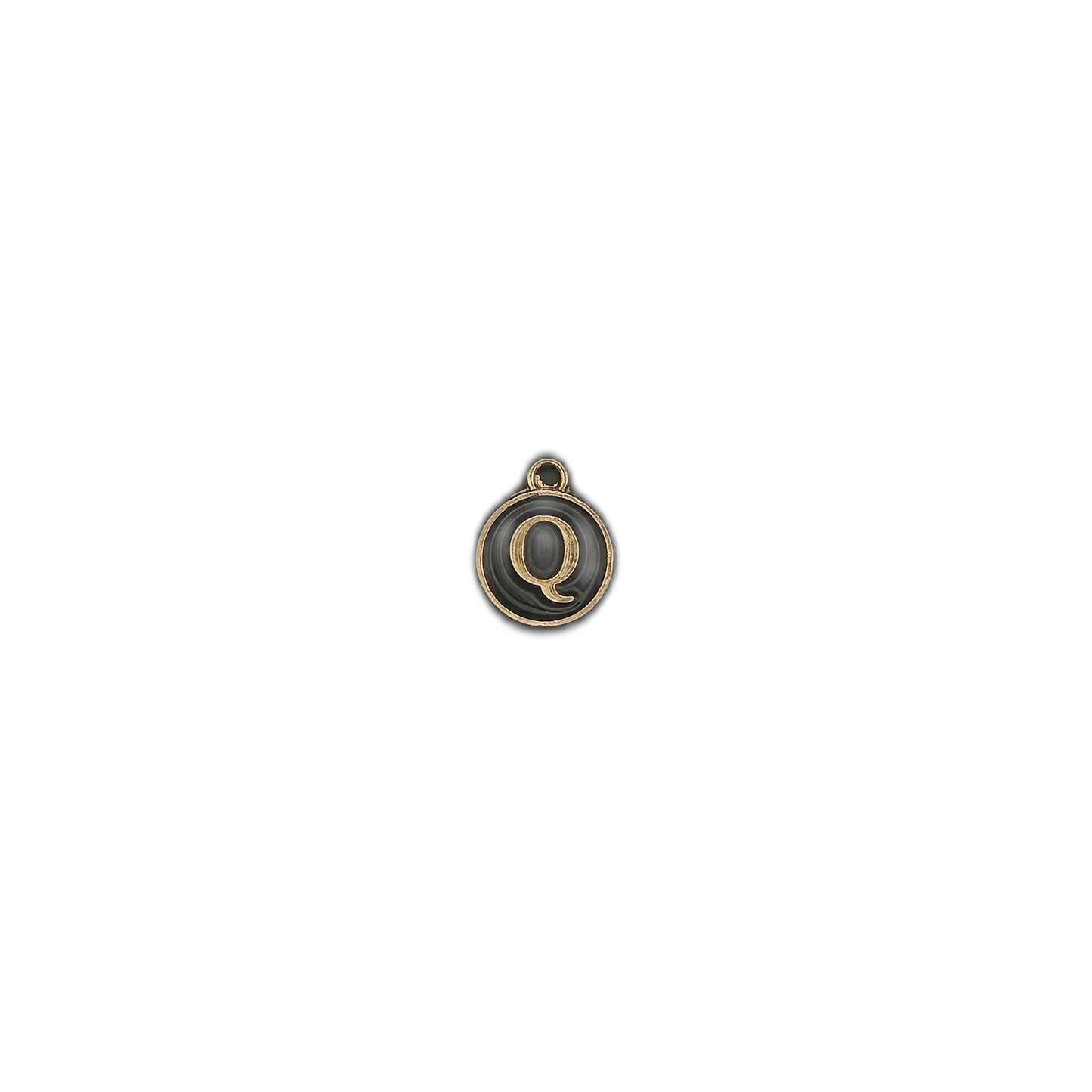 small round black and gold Q letter charm on a black background