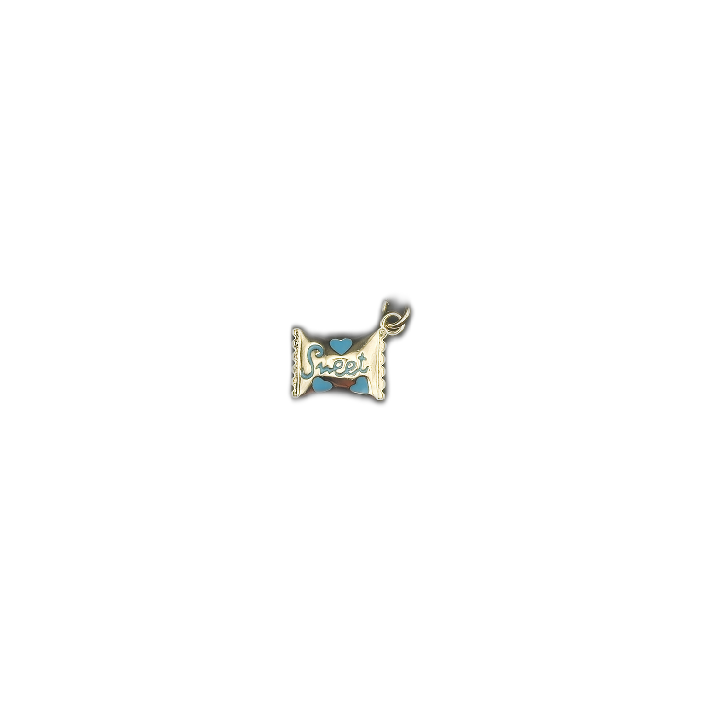 small gold candy wrapper charm reading Sweet centered on a black background