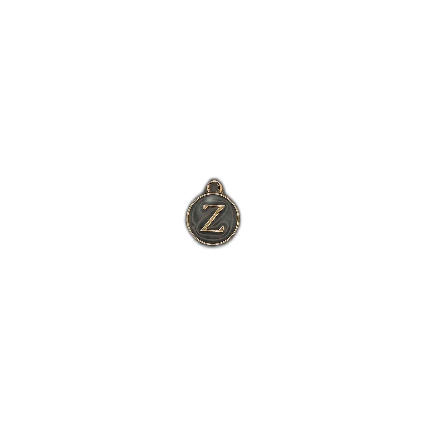 Small round black and gold letter Z charm on a plain background.
