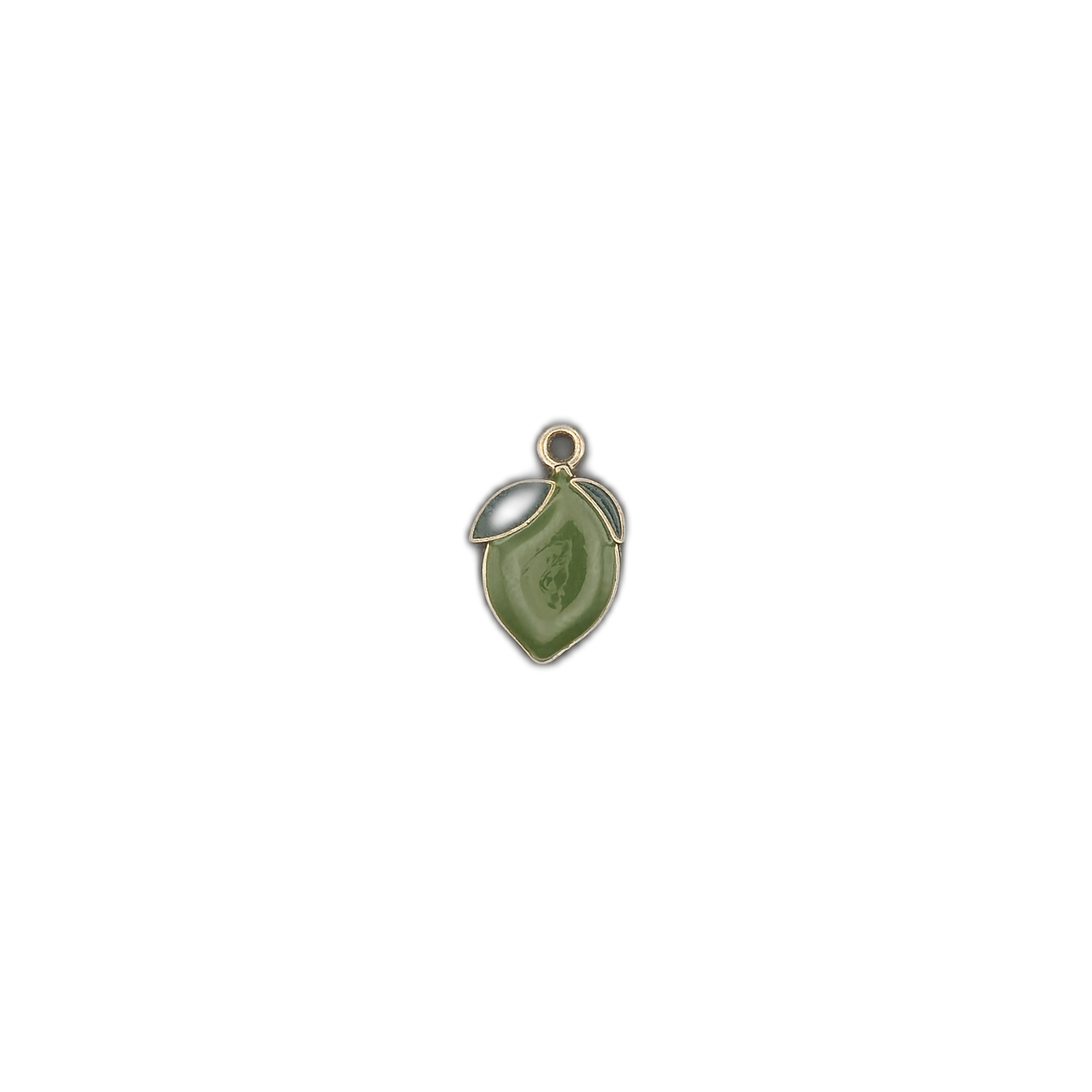 small green lemon charm with two leaves centered on black background