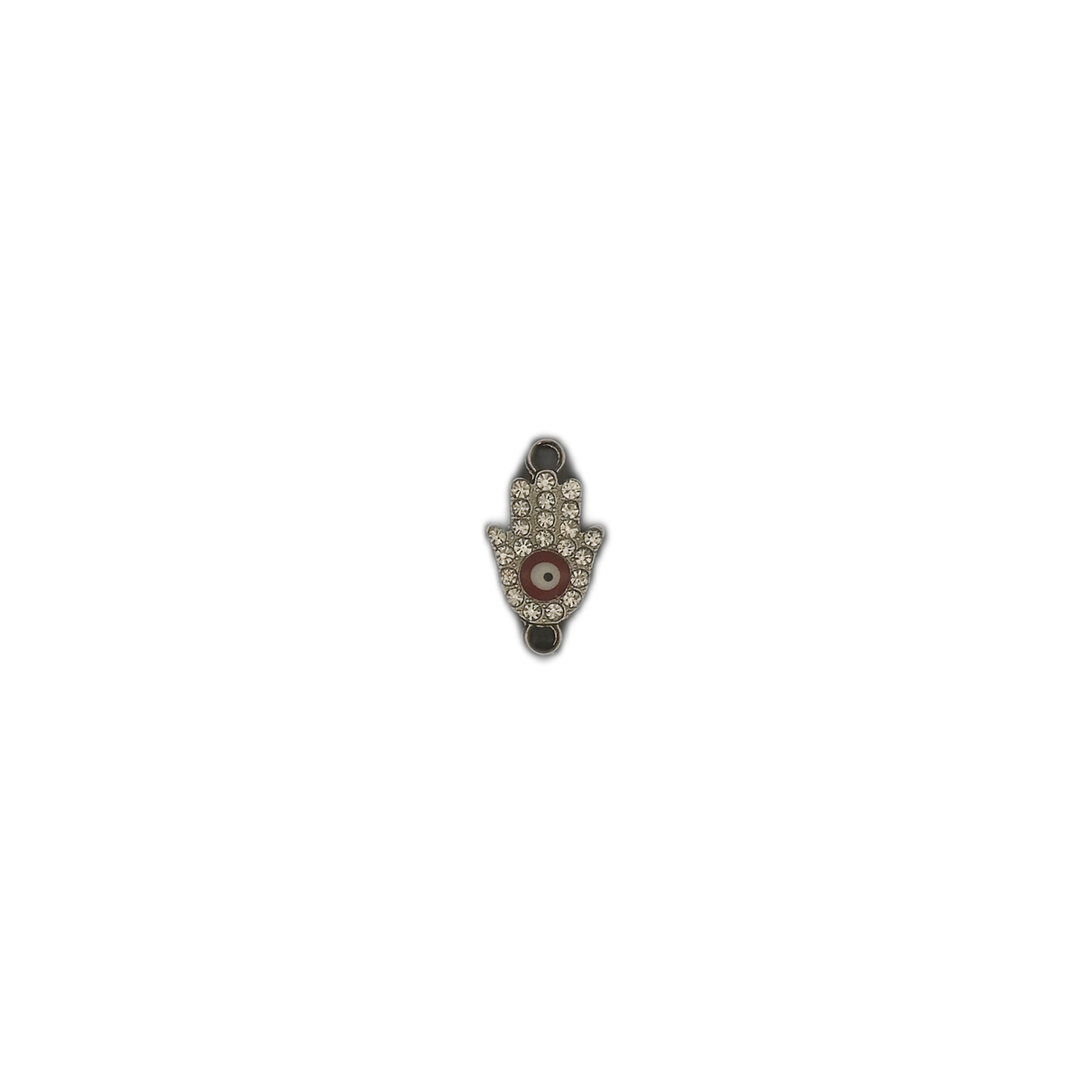 full view of a rhinestone Hamsa hand charm centered on a black background