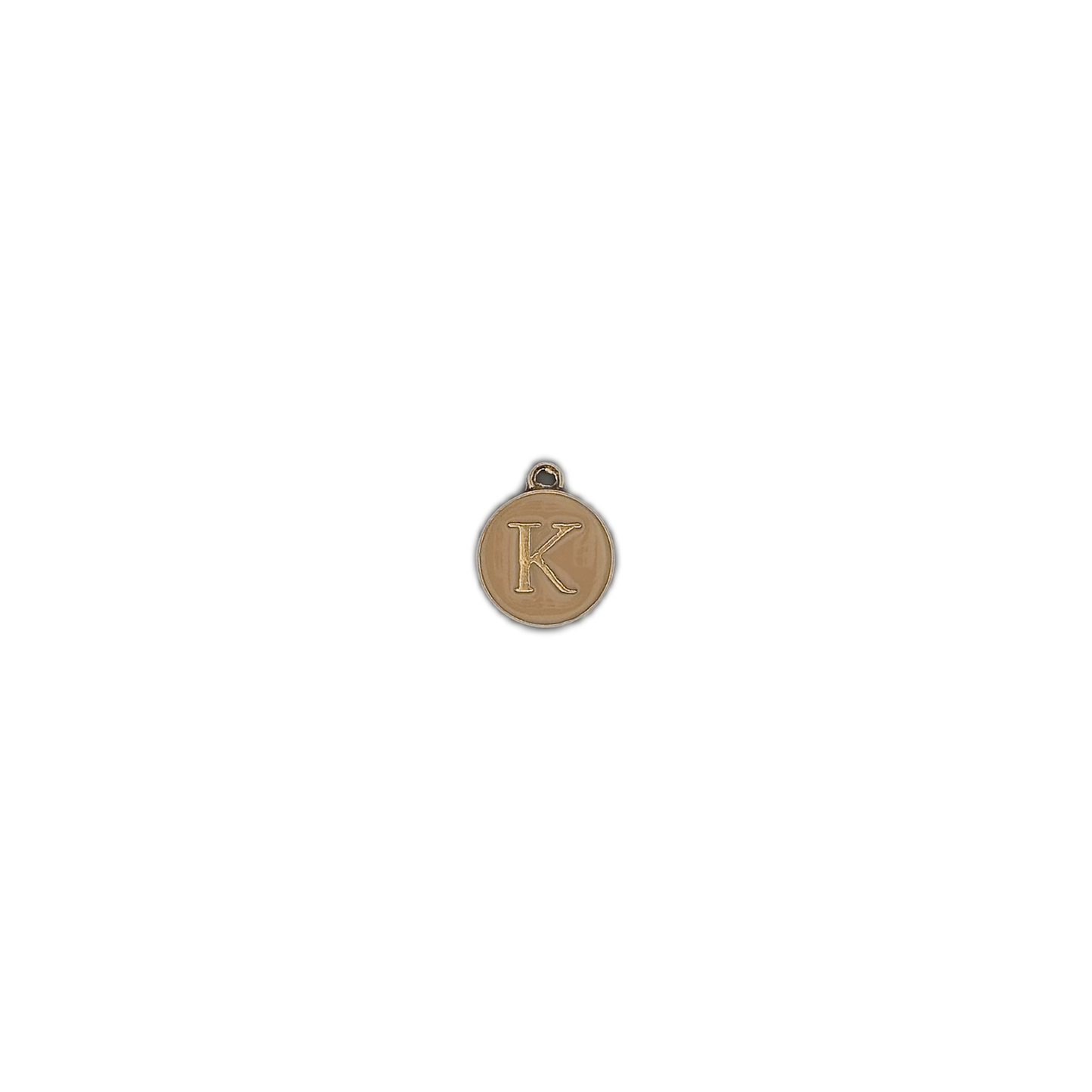 small round gold-tone K letter charm centered on black background