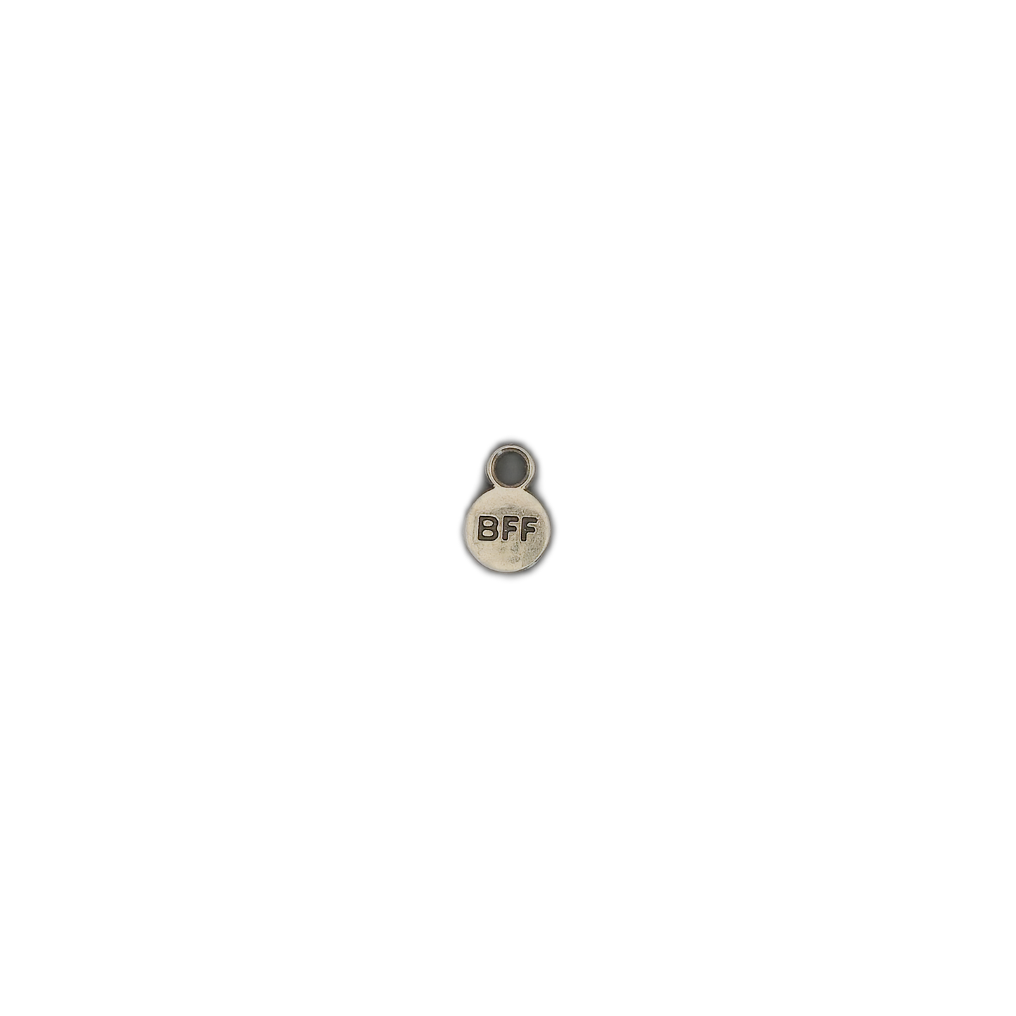small silver-tone round 'BFF' charm on black background