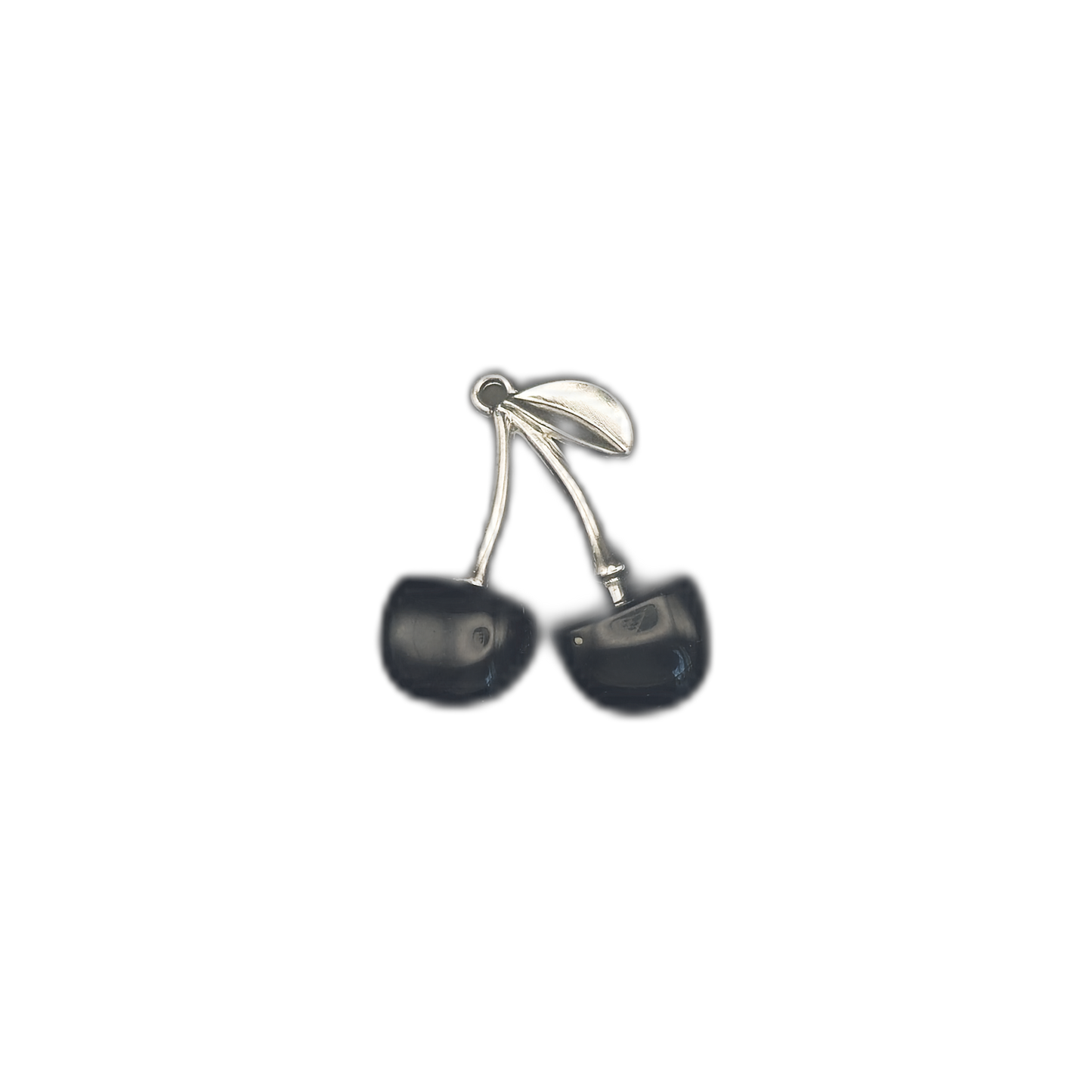 silver double cherry charm centered on black background