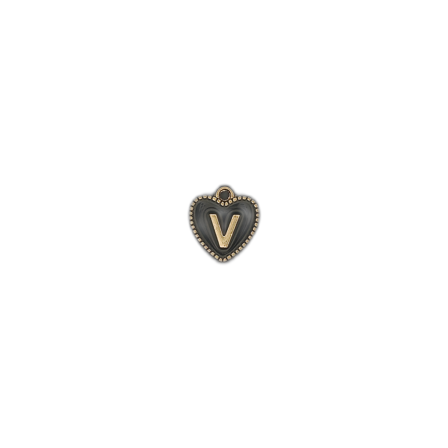 small black heart letter V charm centered on a black background