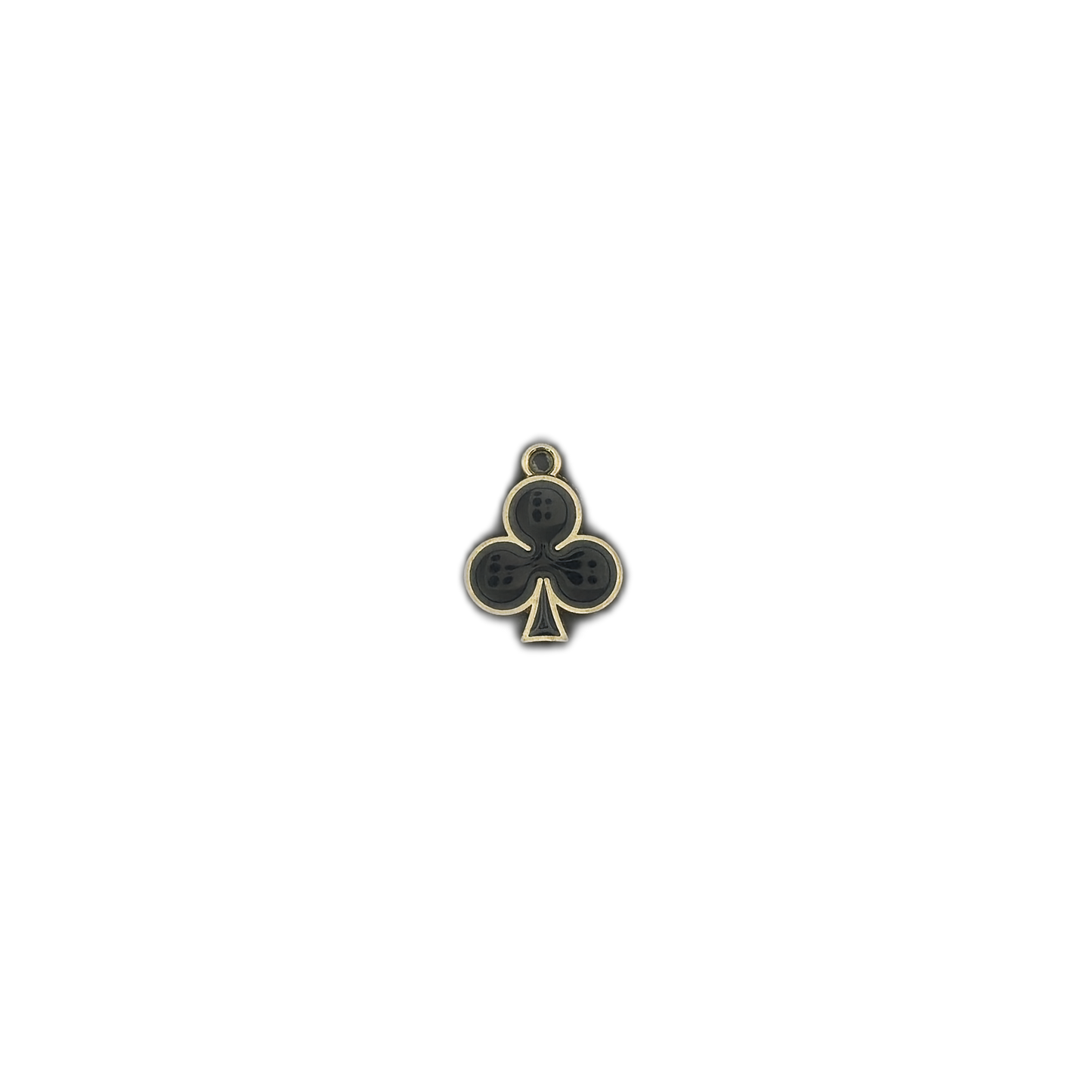 small black club suit charm with gold outline centered on a black background