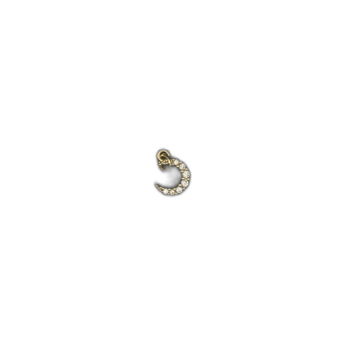 small gold crescent moon charm with clear stones centered on black background