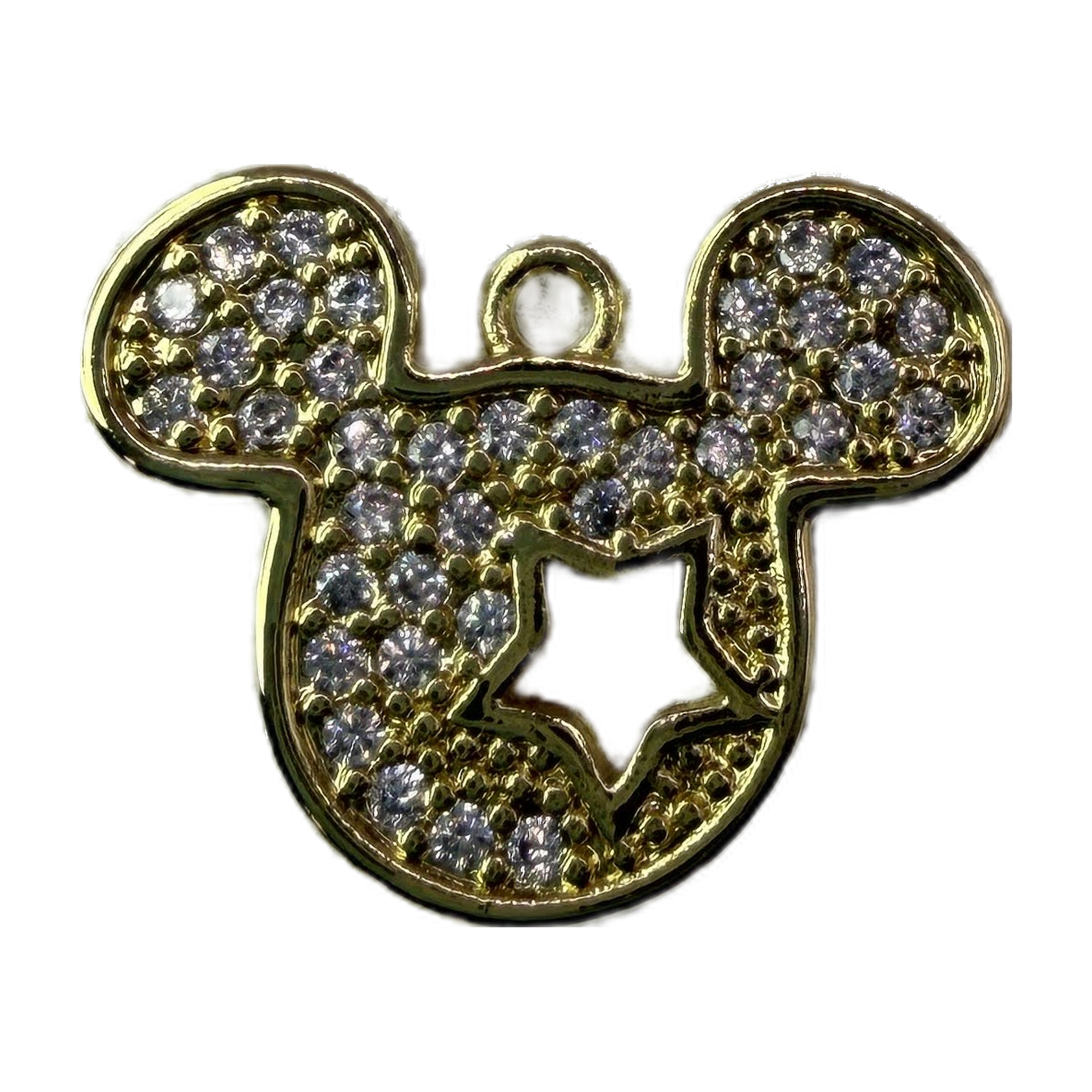 Gold mouse head silhouette charm with pavé clear gems and a centered star cutout