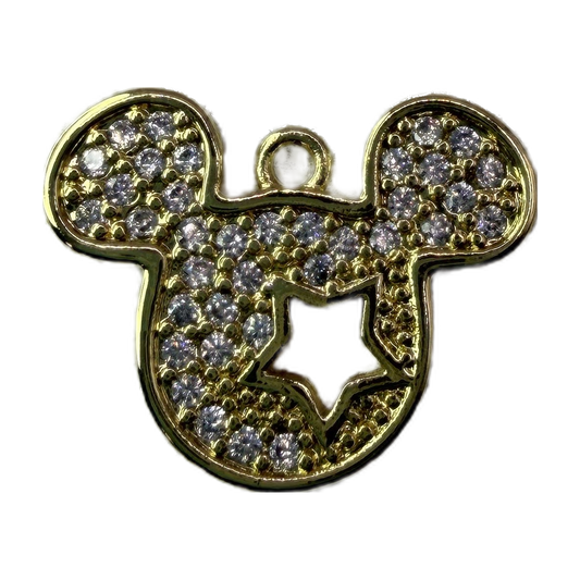 Gold mouse head silhouette charm with pavé clear gems and a centered star cutout