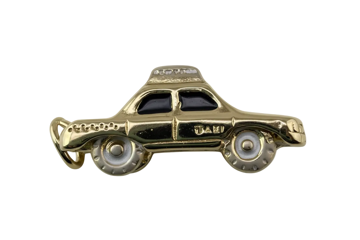 Glossy gold classic car charm with black windows and white enamel wheels