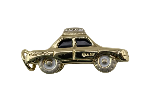 Glossy gold classic car charm with black windows and white enamel wheels