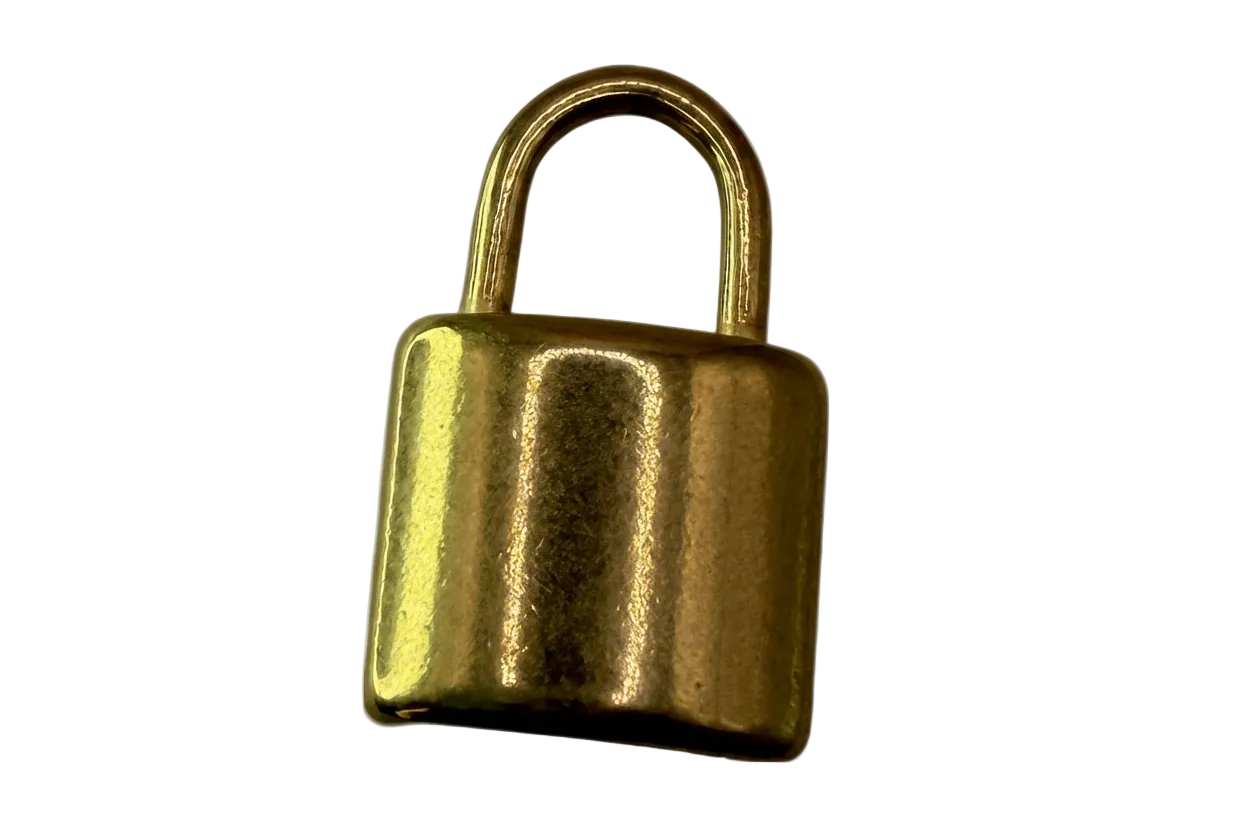Polished gold padlock charm with rounded edges and high-shine finish