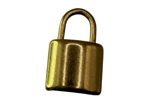 Polished gold padlock charm with rounded edges and high-shine finish