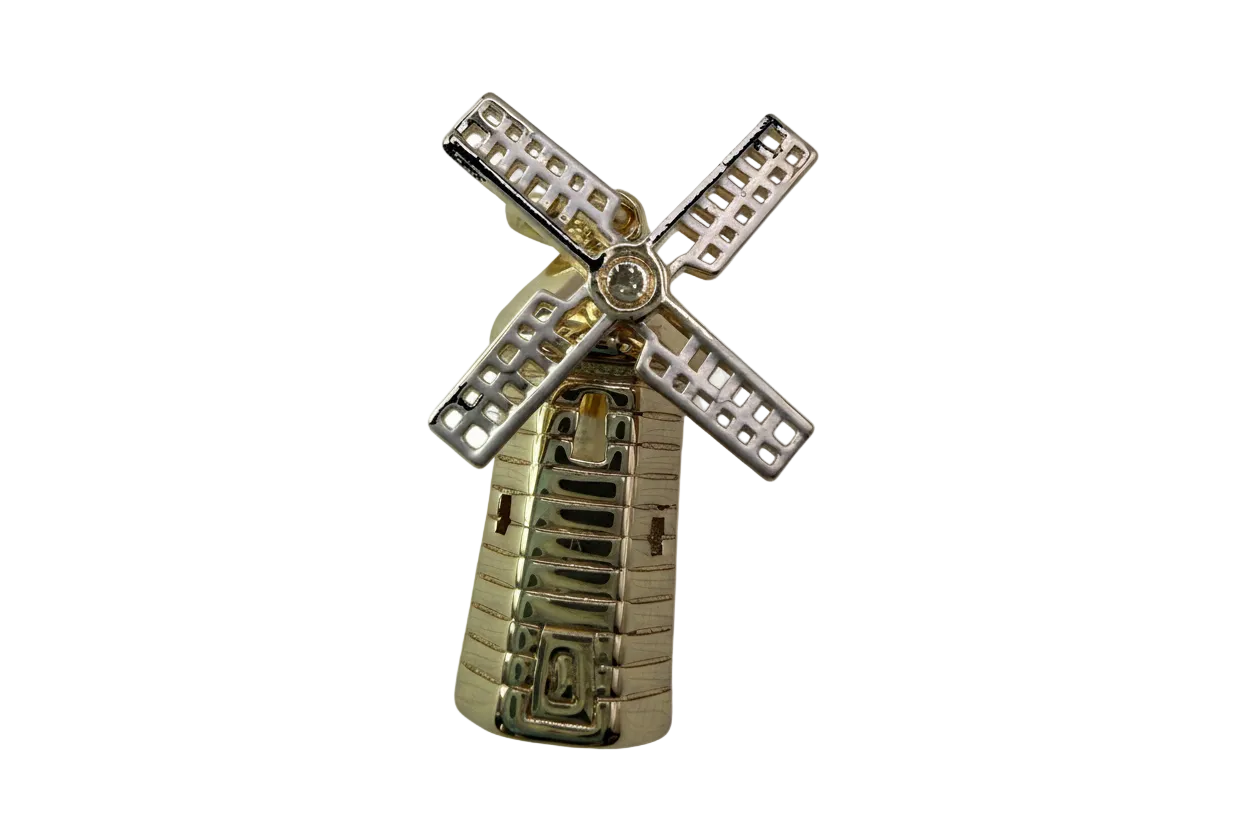 Two-tone windmill charm in polished gold with silver blades and a clear round gem center