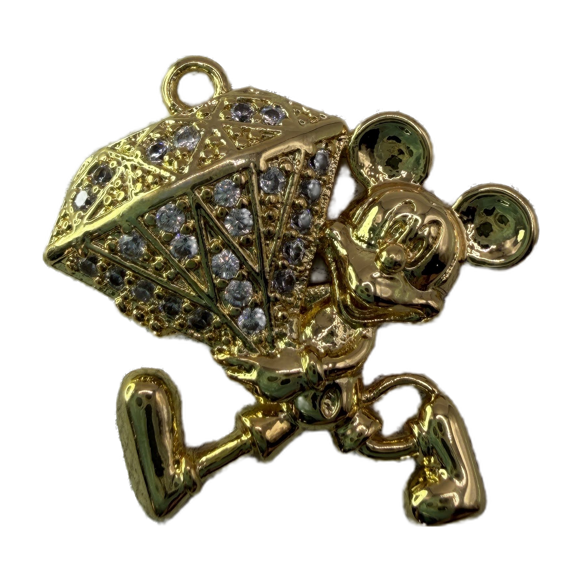 Glossy gold mouse holding a pavé diamond shape with clear crystals