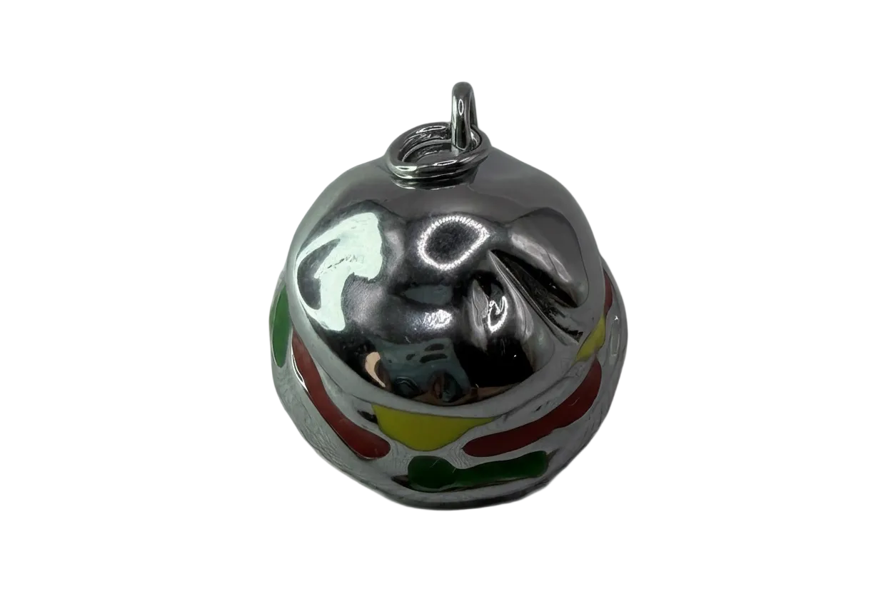 Polished silver jingle bell with red, yellow, and green enamel accents
