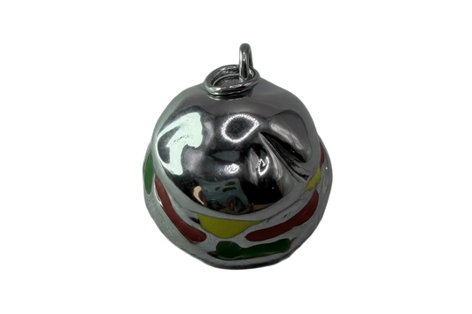 Polished silver jingle bell with red, yellow, and green enamel accents