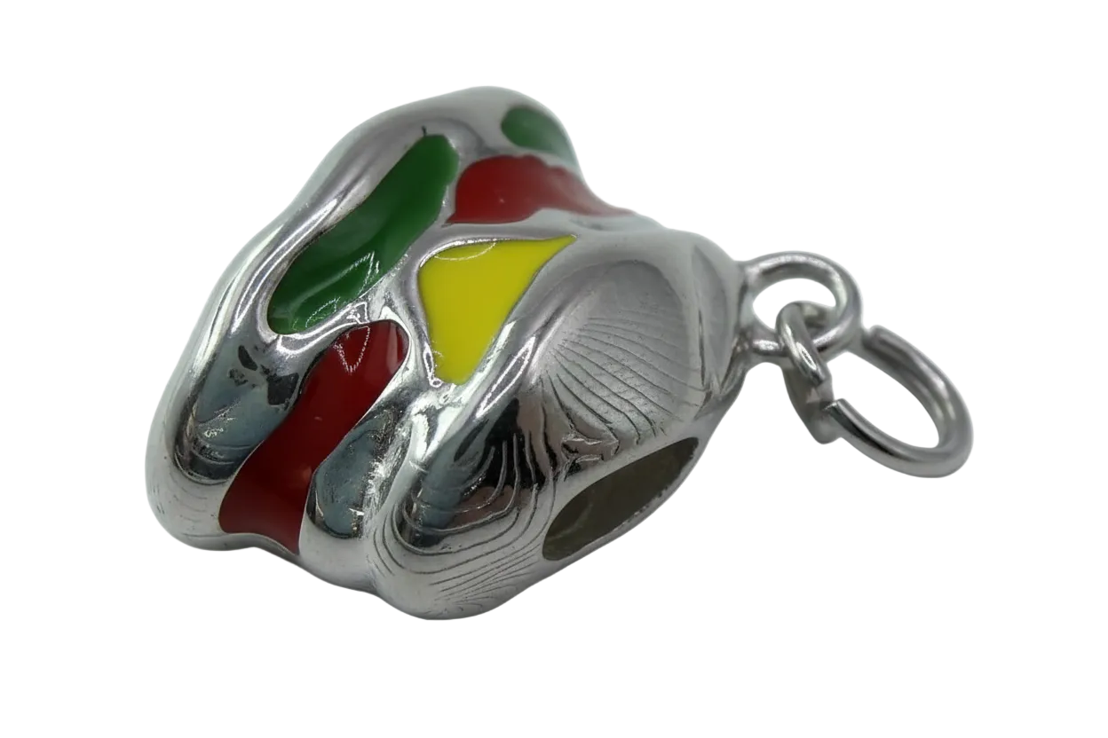 High-polish silver sneaker charm with green, red, and yellow enamel colorblocking