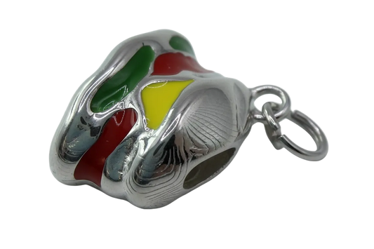 High-polish silver sneaker charm with green, red, and yellow enamel colorblocking