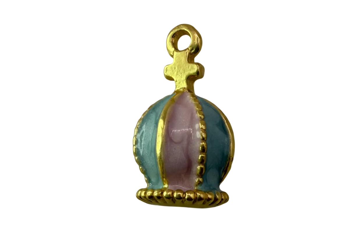 Gold goblet charm with pastel blue and pink enamel panels and beaded trim