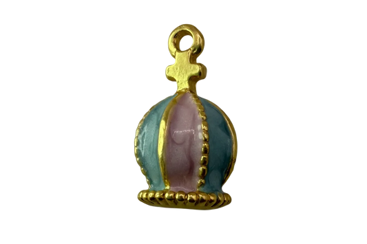Gold goblet charm with pastel blue and pink enamel panels and beaded trim