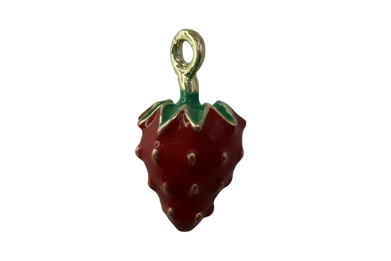 Glossy red strawberry fruit charm with green leaves and gold finish