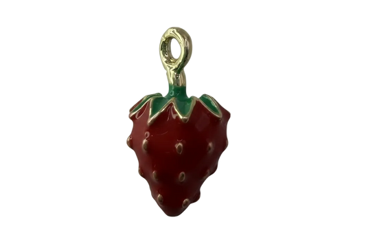 Glossy red strawberry fruit charm with green leaves and gold finish