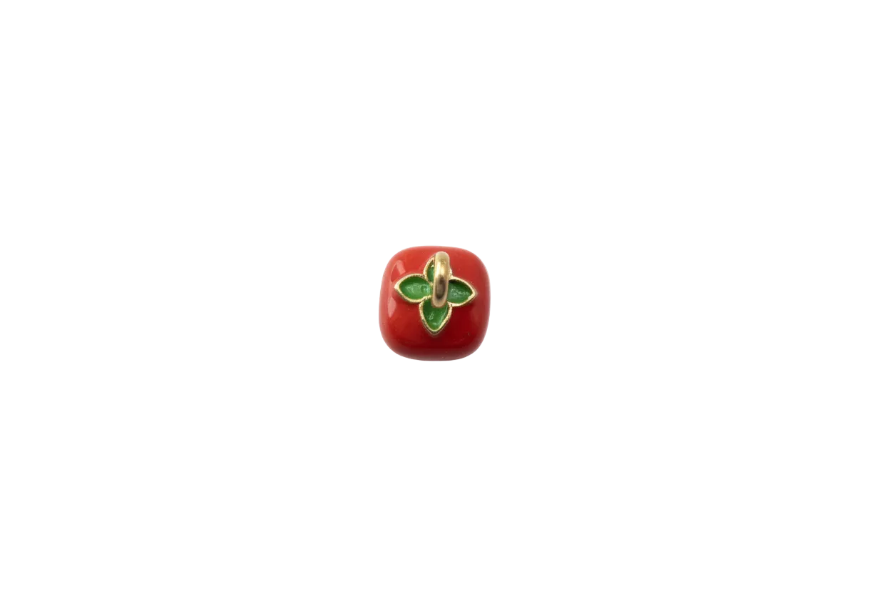 Red apple motif with green leaves and gold outline