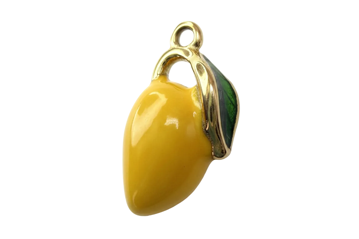 Glossy yellow lemon fruit charm with green leaf and polished gold outline