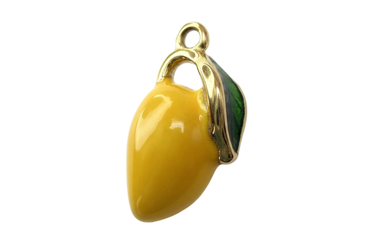 Glossy yellow lemon fruit charm with green leaf and polished gold outline