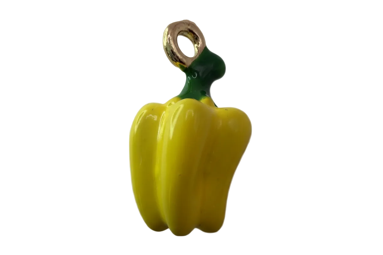 Glossy yellow bell pepper charm with green stem and gold detail