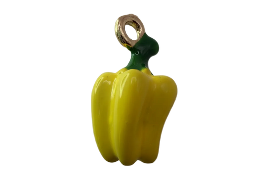 Glossy yellow bell pepper charm with green stem and gold detail