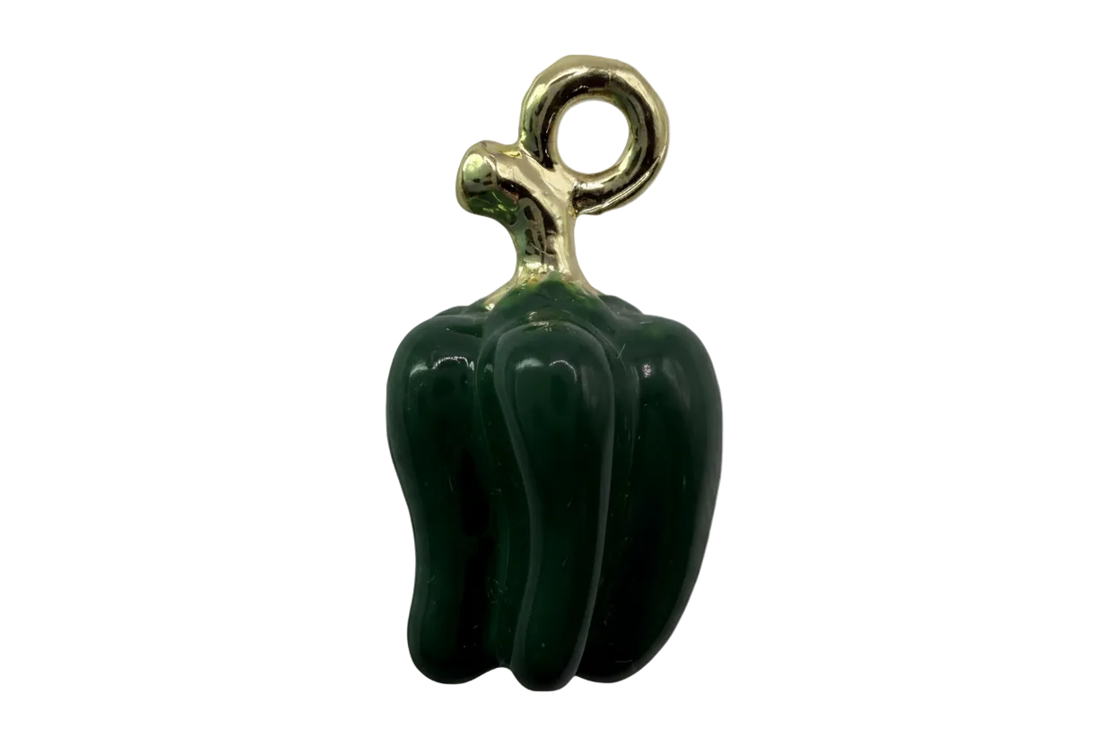 Deep green pepper pendant with glossy enamel and gold-toned top on black background