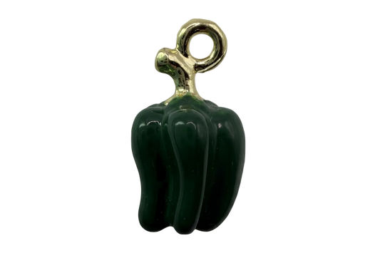 Deep green pepper pendant with glossy enamel and gold-toned top on black background
