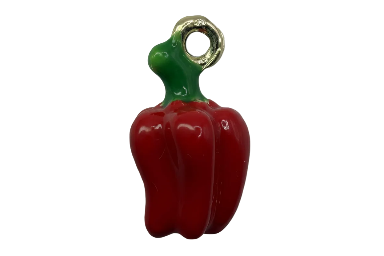 Glossy red bell pepper charm with green stem and gold-toned top detail