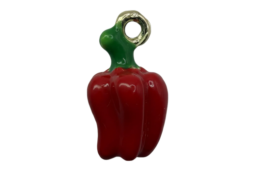 Glossy red bell pepper charm with green stem and gold-toned top detail