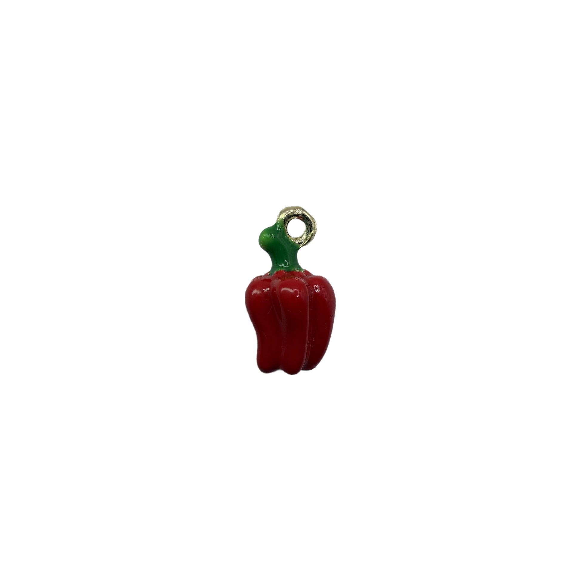 Red bell pepper with green stem and gold-toned detail