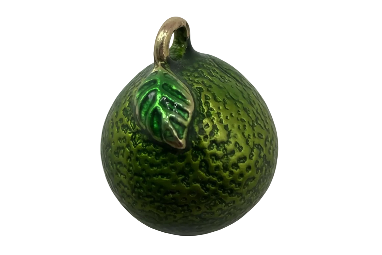 Textured green lime fruit charm with glossy enamel and gold-toned leaf detail